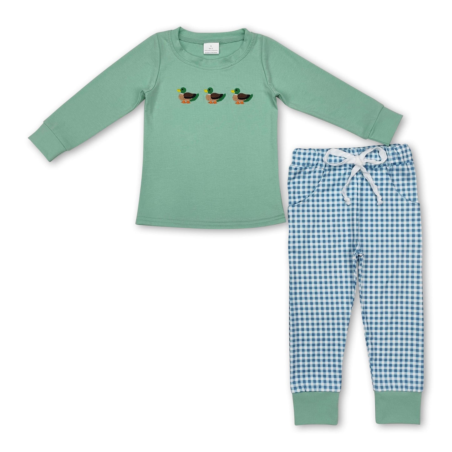 Long sleeves duck top plaid pants kids boys clothing