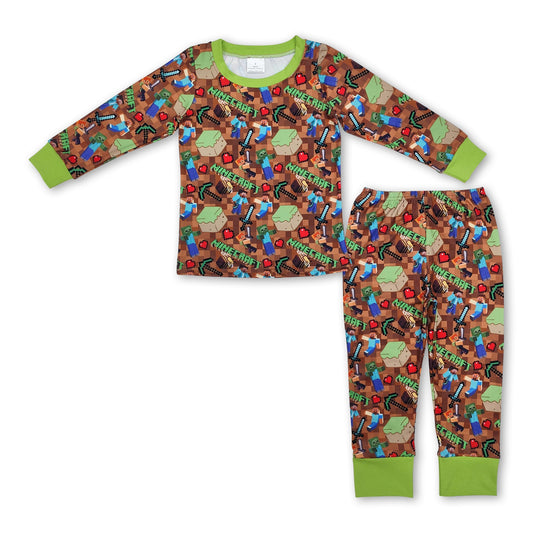 Green long sleeves heart game kids boys pajamas