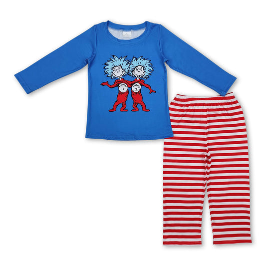 Blue cat hat top red stripe pants kids boys clothing