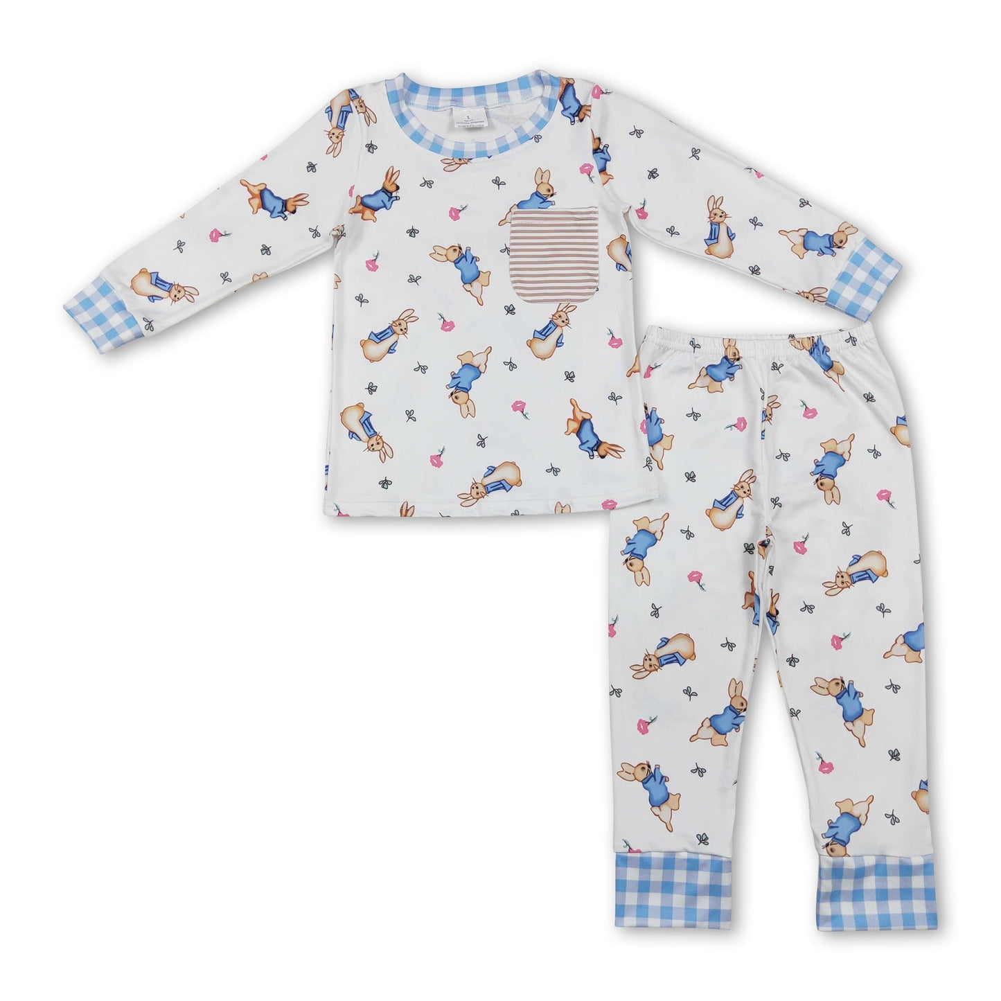 Light blue plaid pocket rabbit baby boy Easter pajamas