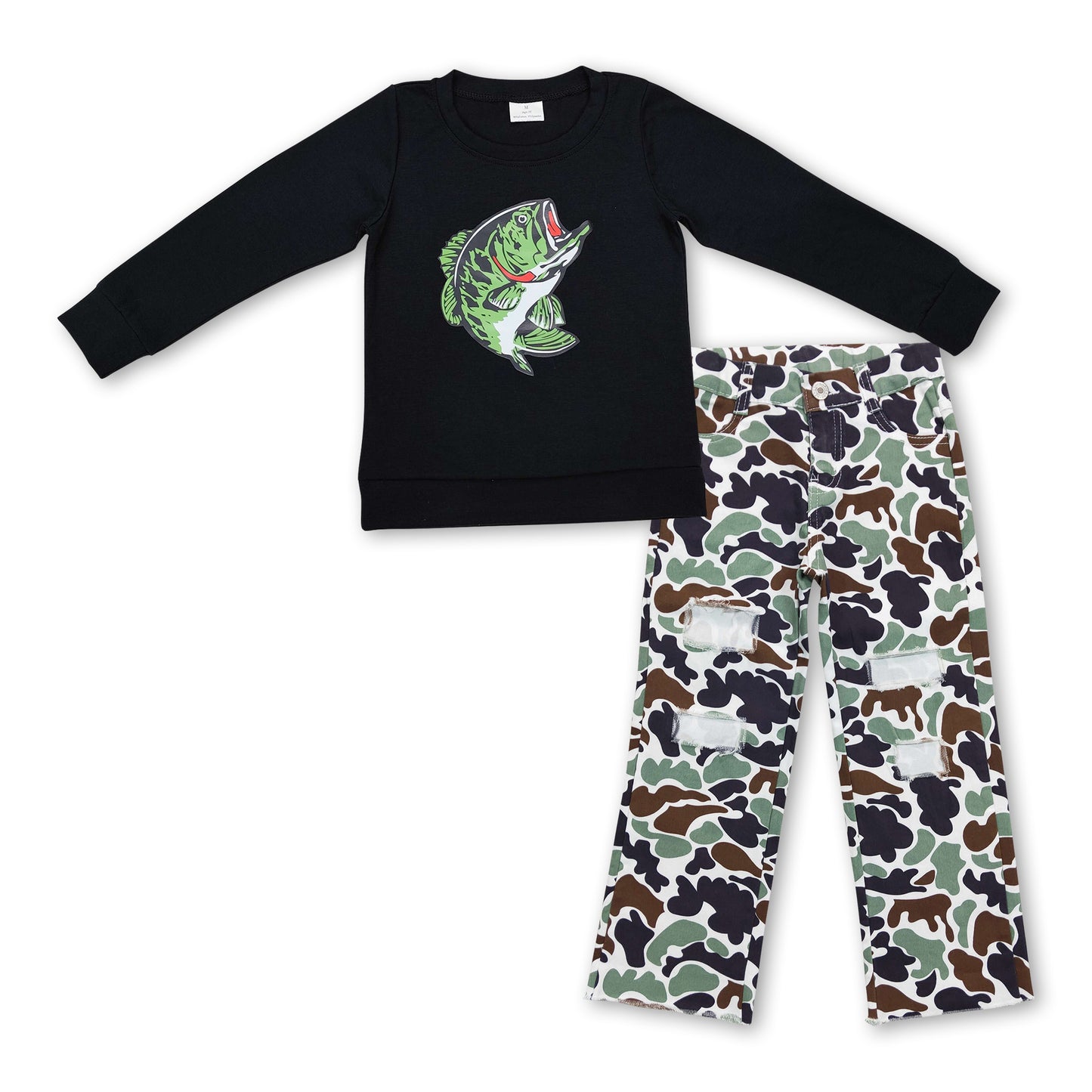 Fish vinyl black cotton top camo jeans boys outfits