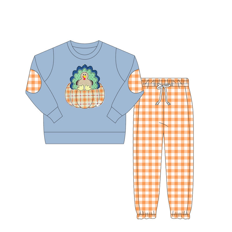Turkey pumpkin top plaid pants boys Thanksgiving clothing