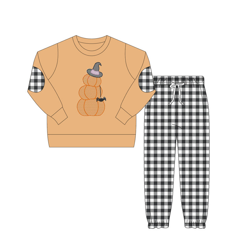 Pumpkin spider top black plaid pants kids Halloween set