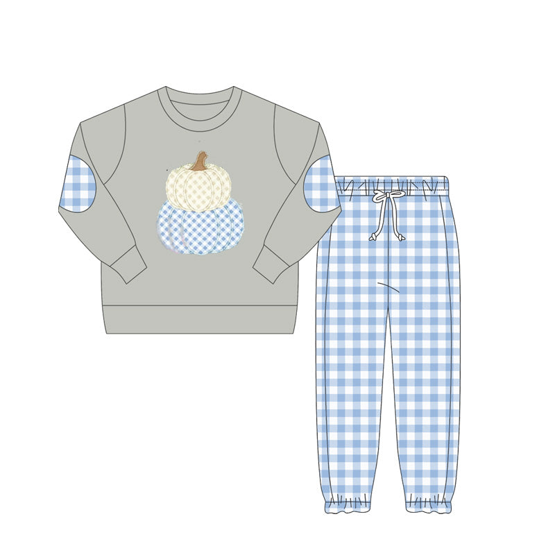 Grey pumpkin top plaid pants kids fall clothing set