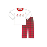 White santa top plaid pants boys Christmas outfits