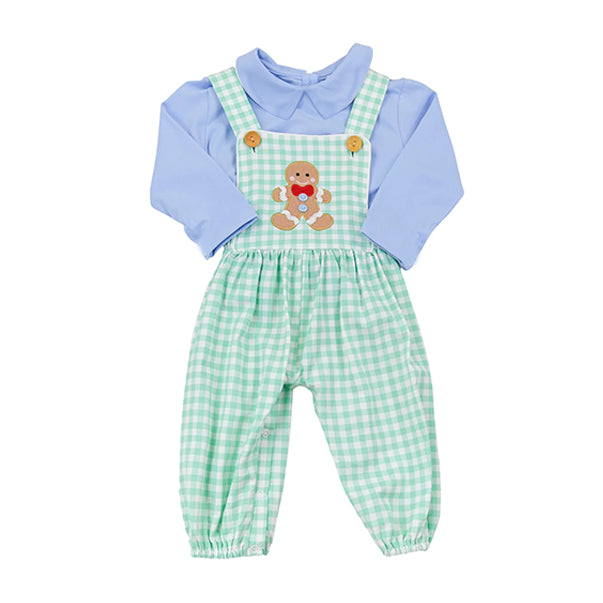 Light blue top plaid gingerbread overalls boy Christmas clothes
