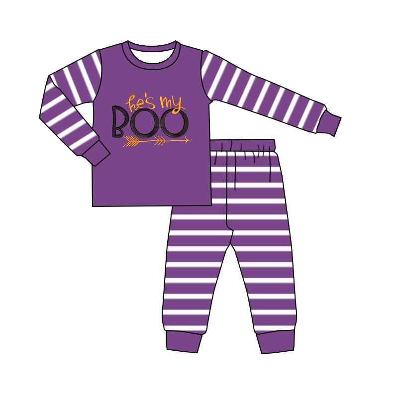 Long sleeves purple stripe he is my boo boys Halloween pajamas