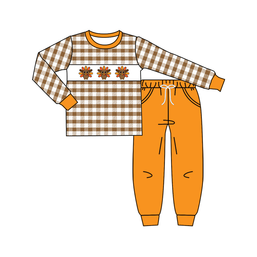 Long sleeves plaid turkey top pants boys Thanksgiving clothes