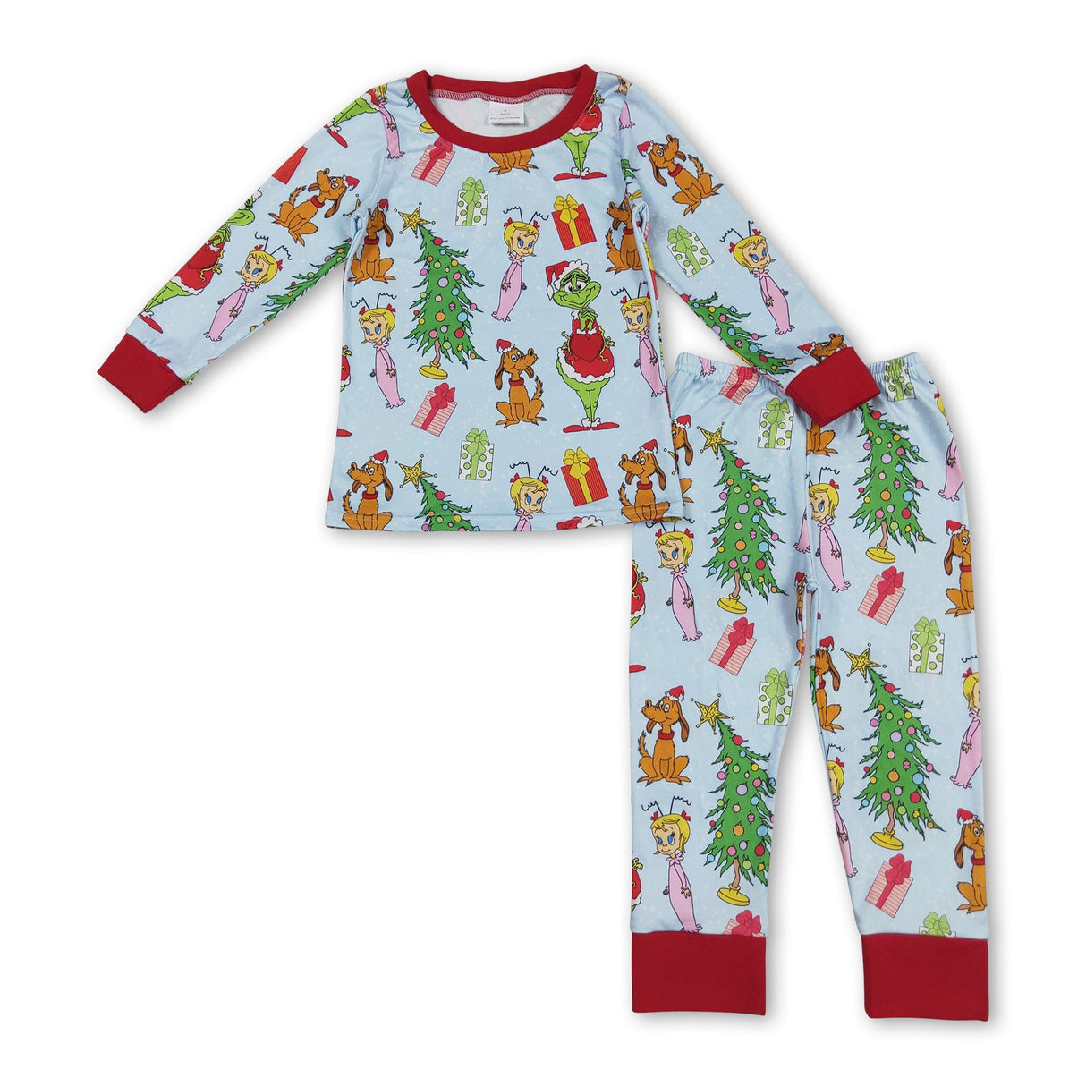 Long sleeves green face Christmas tree baby kids pajamas