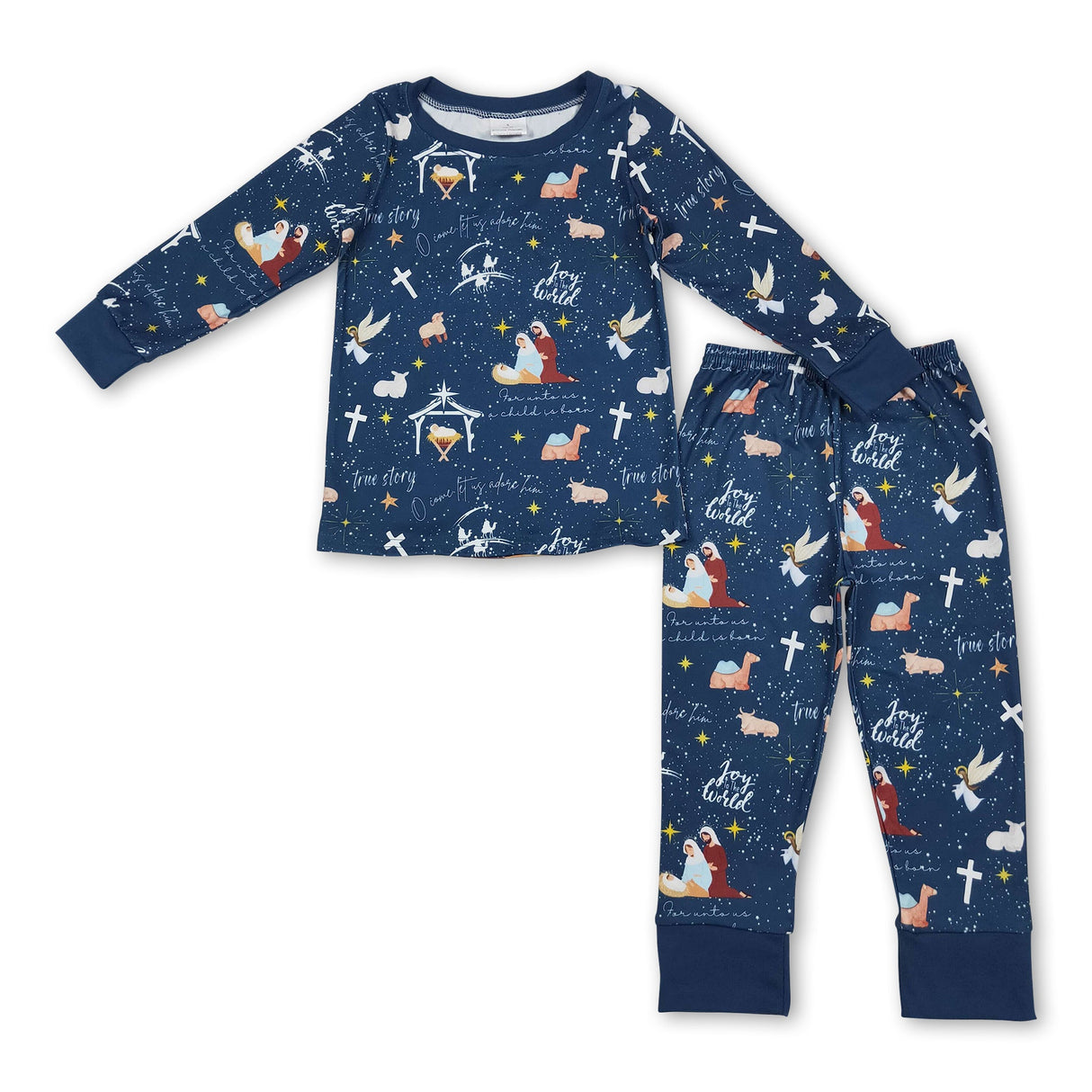 Blue long sleeves cross nativity kids boys Christmas pajamas