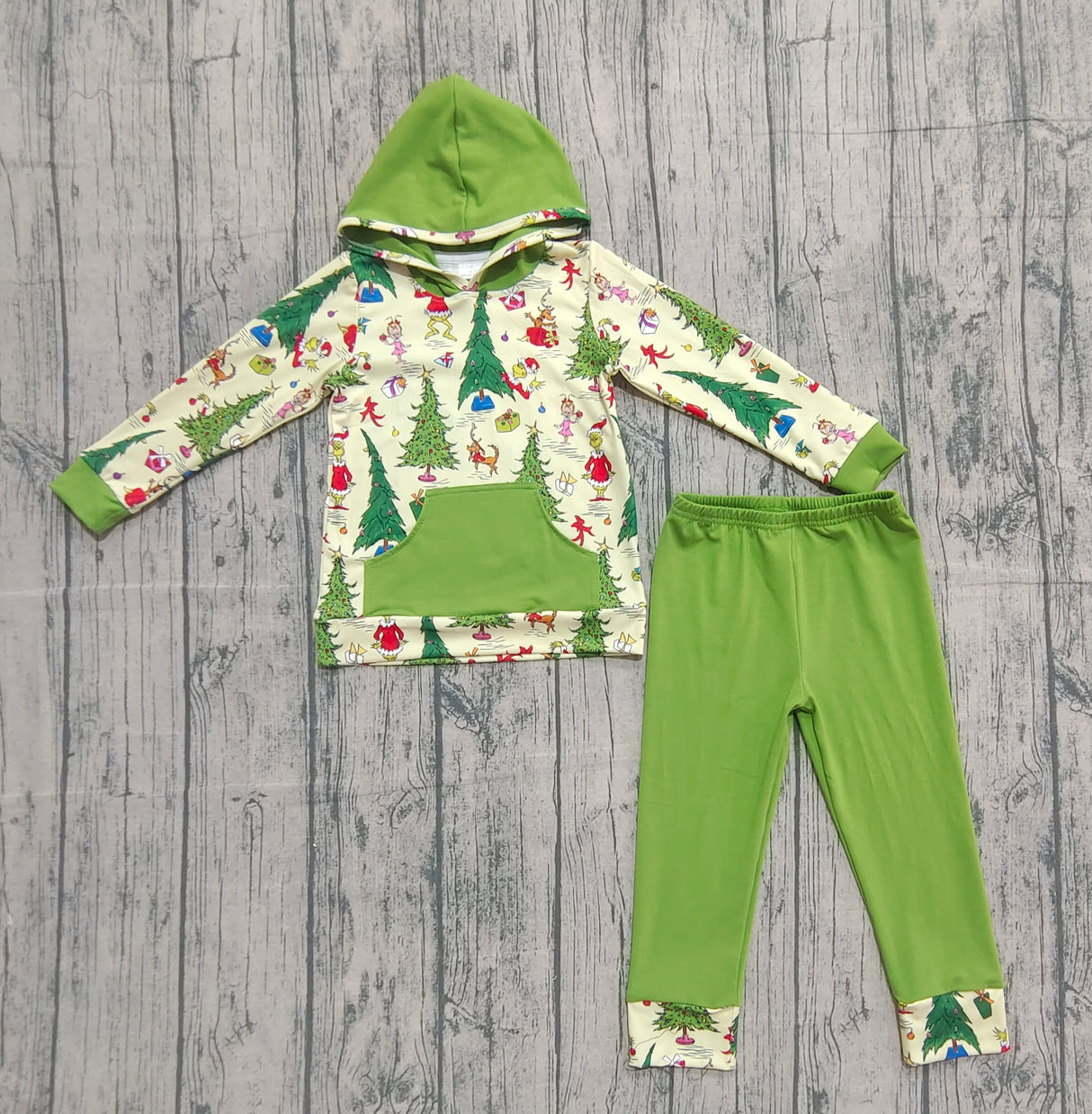 Christmas tree green face hoodie pants girls clothing set
