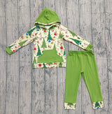 Christmas tree green face hoodie pants girls clothing set