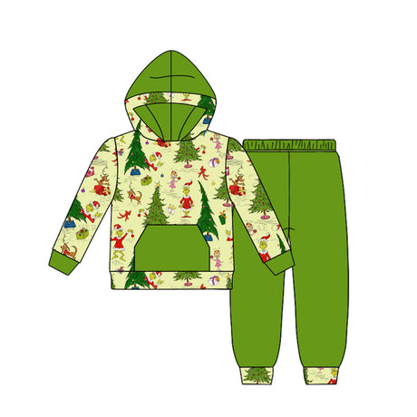 Christmas tree green face hoodie pants girls clothing set