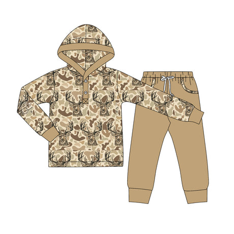 Long sleeves camo deer hoodie pants boys clothing set