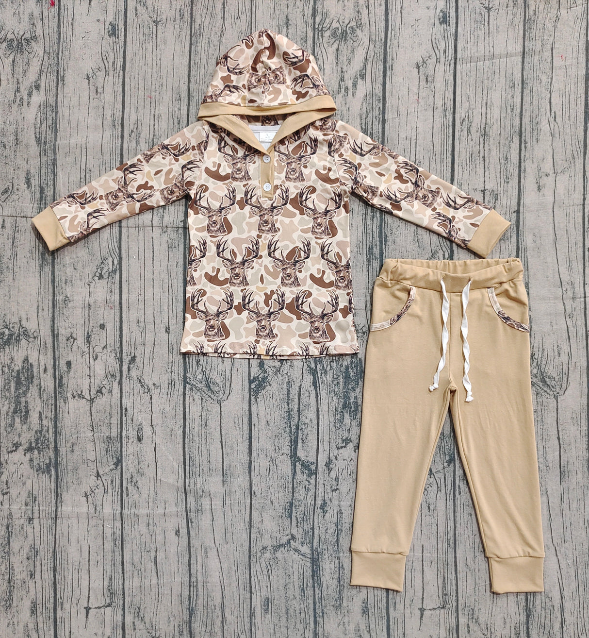 Long sleeves camo deer hoodie pants boys clothing set