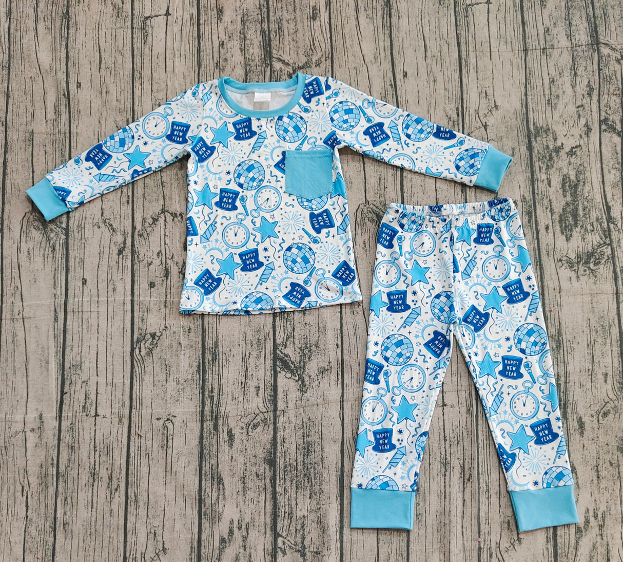 Blue long sleeves clock Happy New Year kids boys pajamas