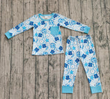 Blue long sleeves clock Happy New Year kids boys pajamas