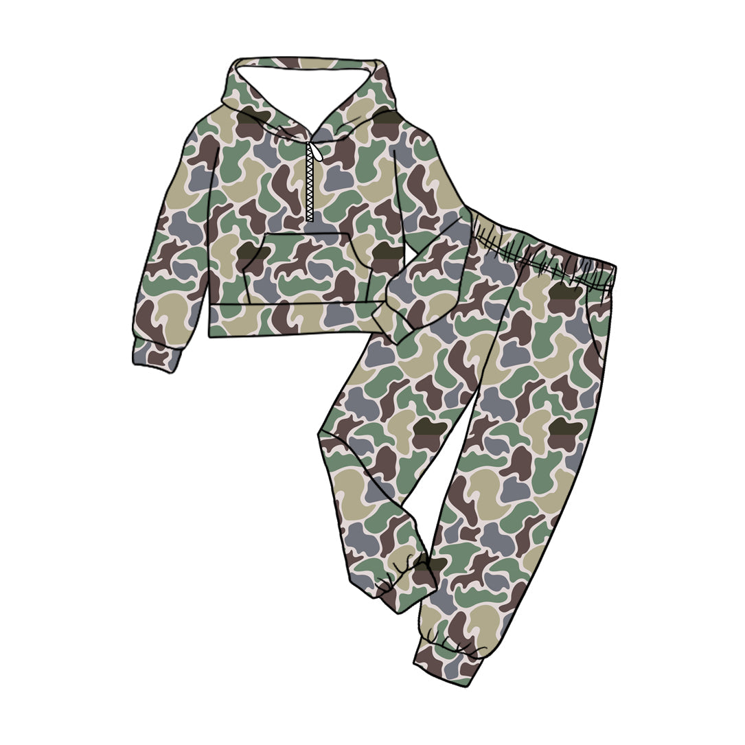 Camo zip hoodie pants hunting kids clothing set