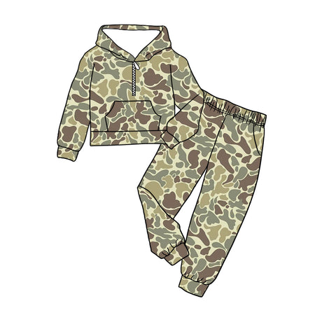 Camo zip pocket hoodie pants hunting kids clothing set