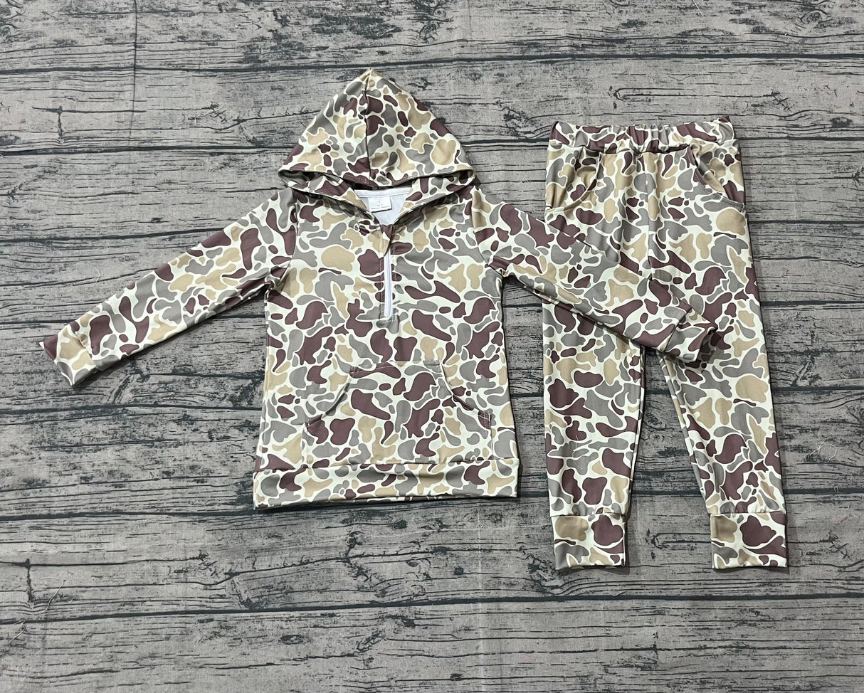 Camo zip pocket hoodie pants hunting kids clothing set