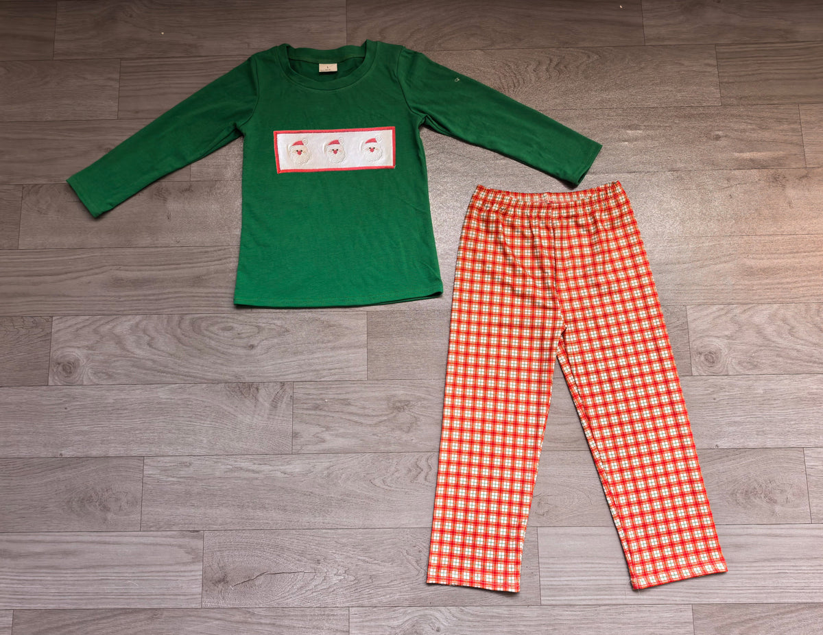 Santa embroidery top plaid pants boys Christmas outfits