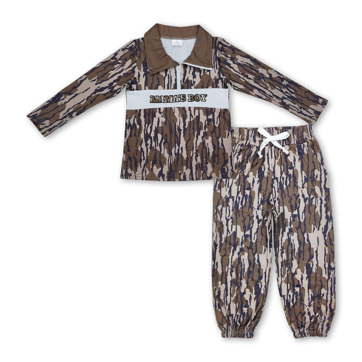 Mama's boy embroidery olive camo pullover pants clothing set