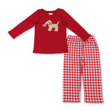 Red heart dog embroidery top plaid pants boys Valentine's set