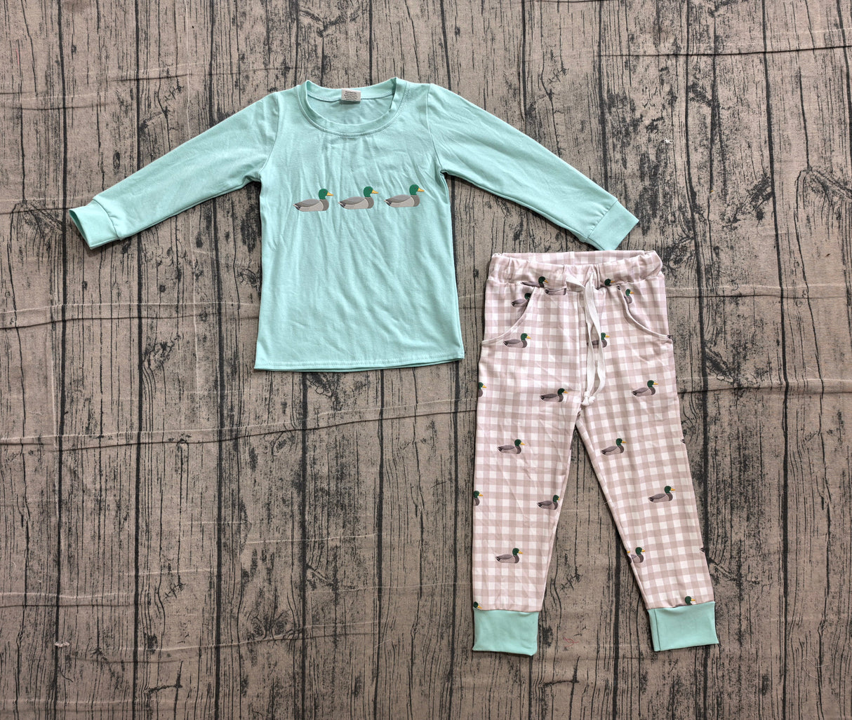 Long sleeves duck embroidery plaid pants kids boys outfits