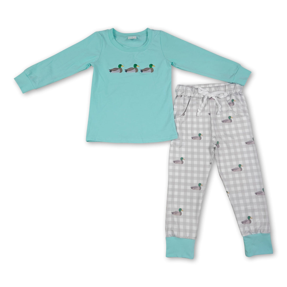 Long sleeves duck embroidery plaid pants kids boys outfits