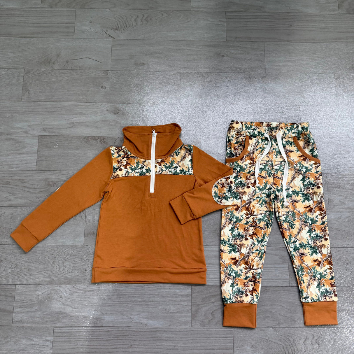 Long sleeves brown zipper pullover leaves pants boys outfits