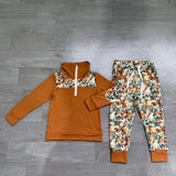 Long sleeves brown zipper pullover leaves pants boys outfits