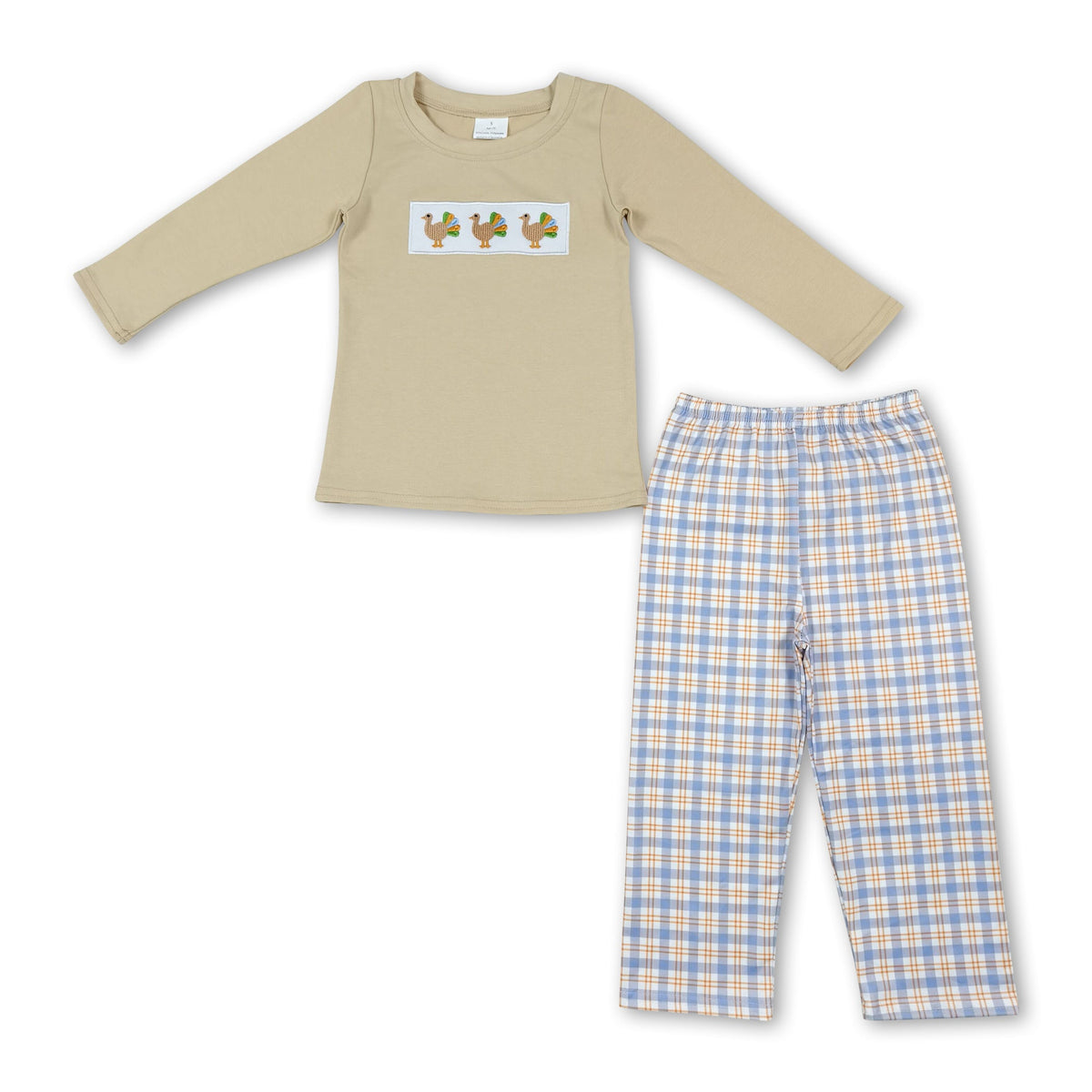 Turkey embroidery top plaid pants boys Thanksgiving set