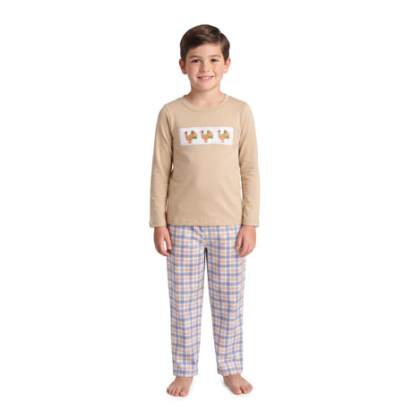 Turkey embroidery top plaid pants boys Thanksgiving set