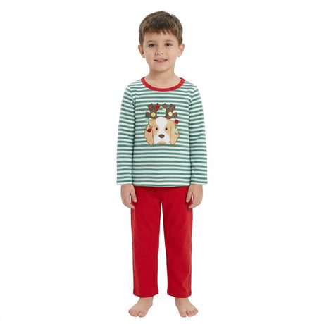 Stripe dog Christmas lighting embroidery boys outfits