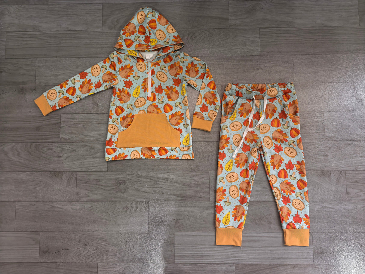 Long sleeves turkey zipper hoodie pants boy Thanksgiving set