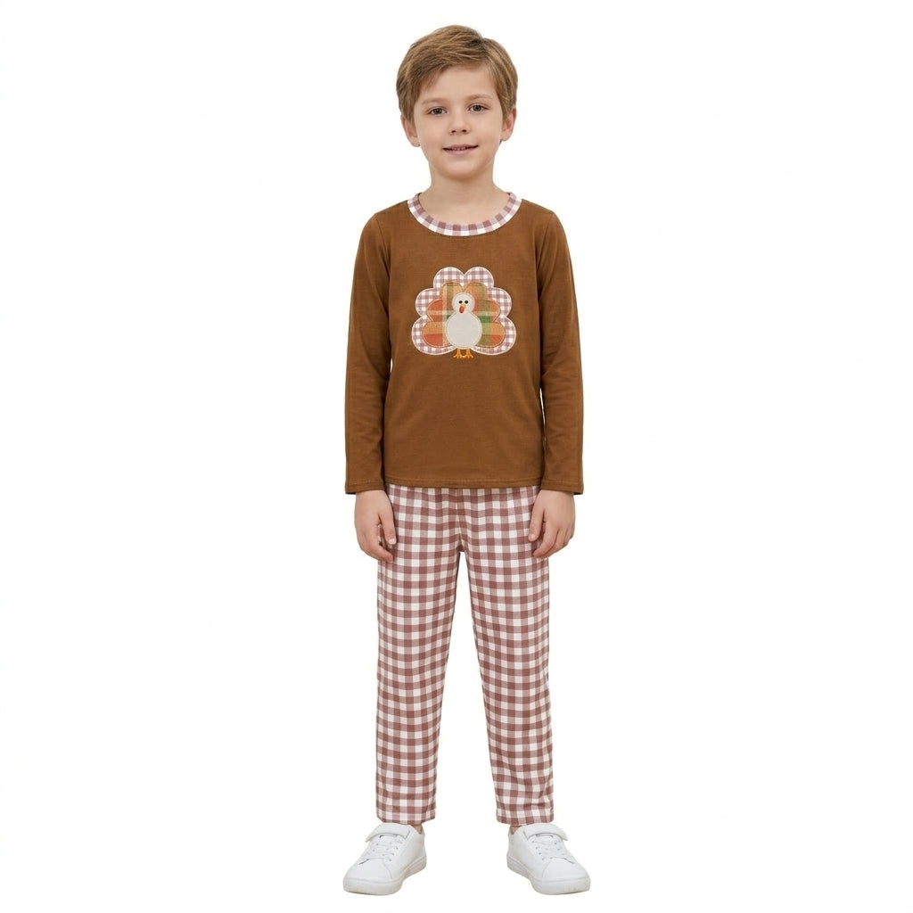 Brown turkey embroidery top pants boy Thanksgiving set