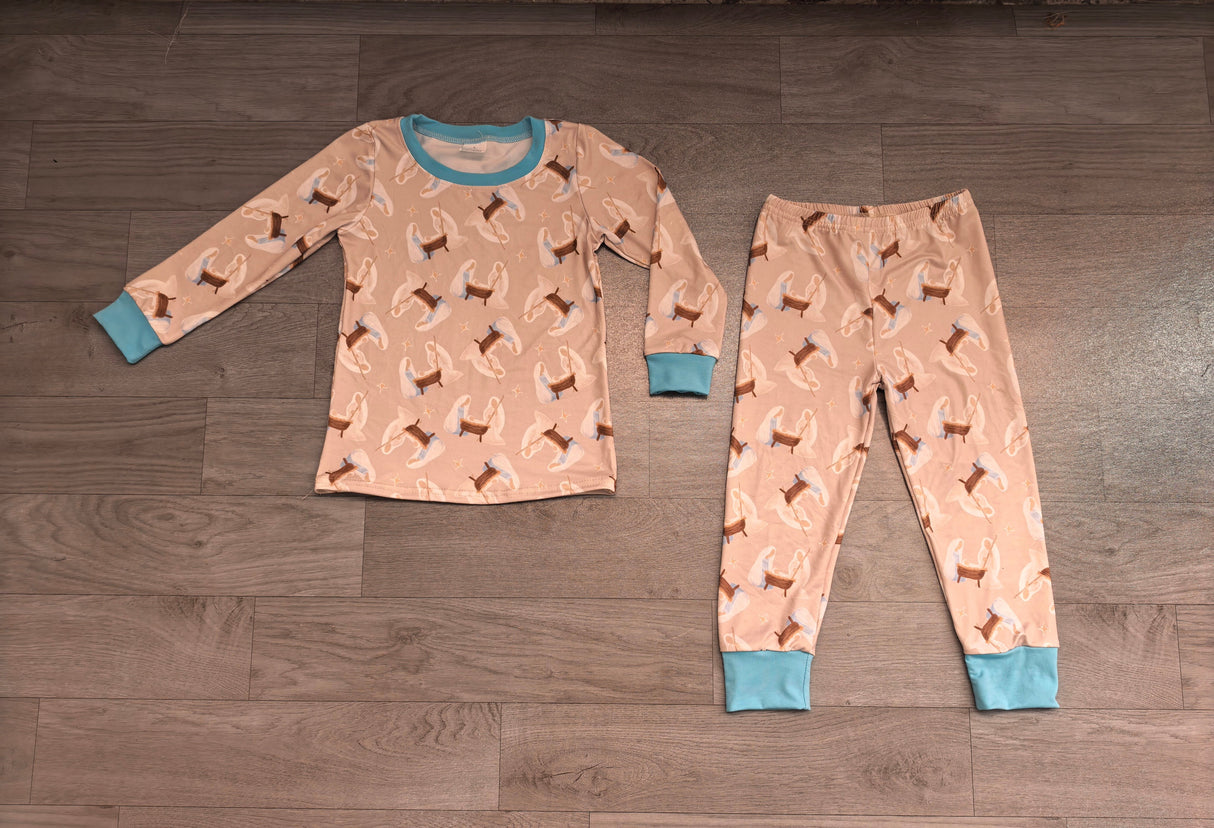 Light blue long sleeves nativity kids boys Christmas pajamas