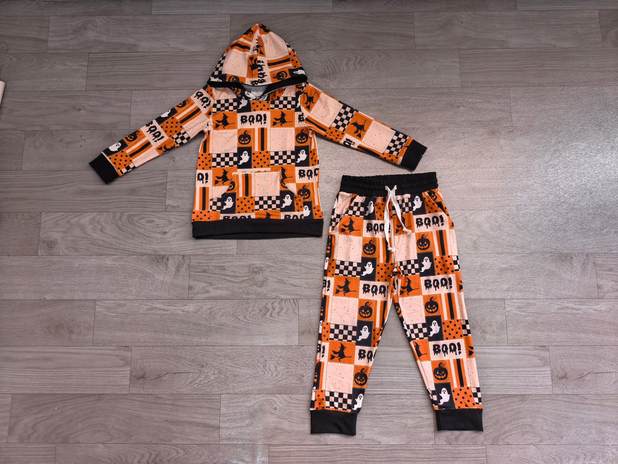Long sleeves boo ghost pumpkin kids Halloween hoodie set