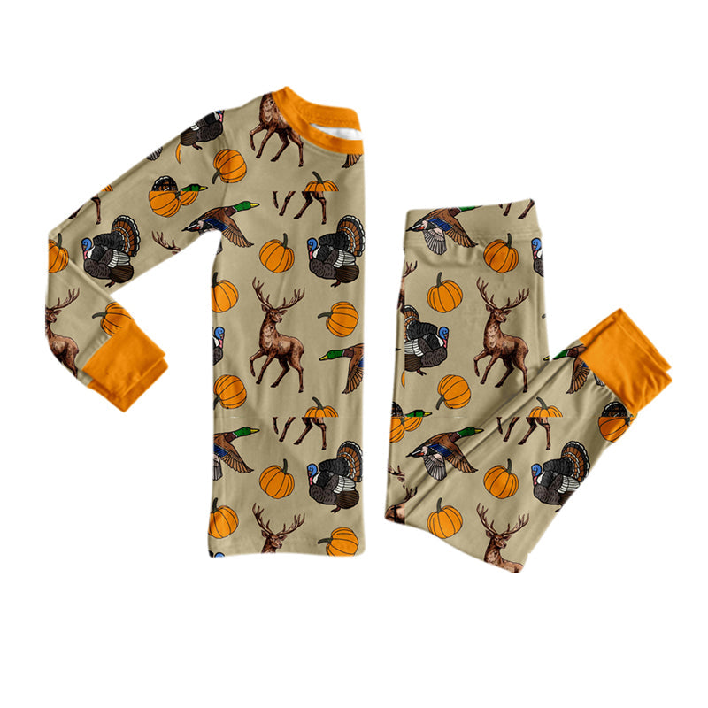 Long sleeves deer duck turkey pumpkin boy fall pajamas