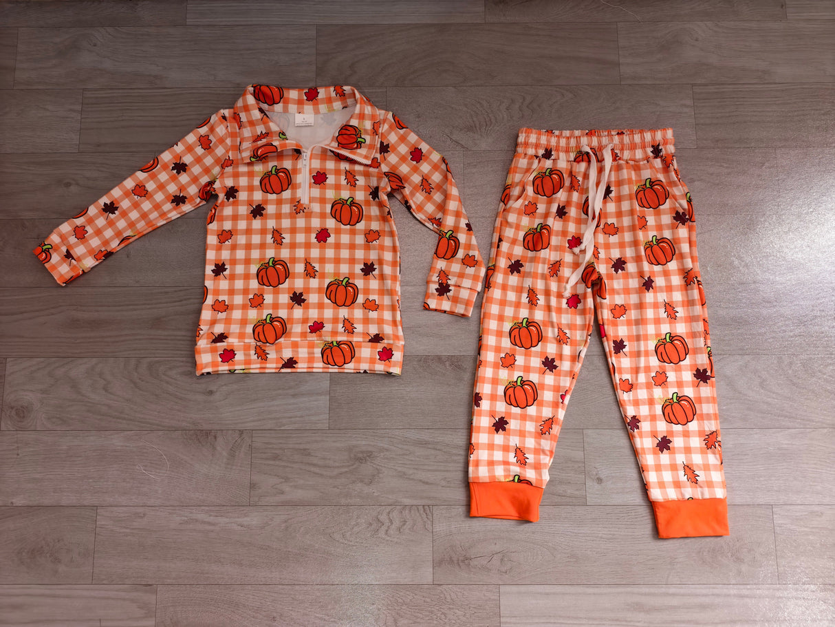 Plaid pumpkin leaves pullover pants kids boys fall outfits