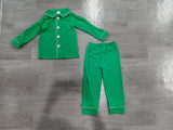 Green cotton long sleeves kids boys button down pajamas