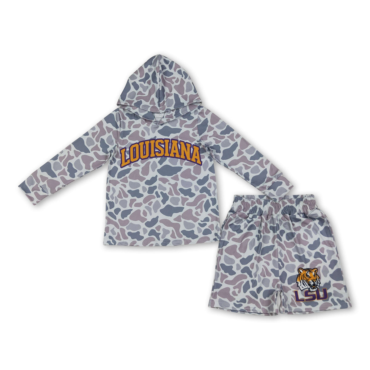 Long sleeves grey camo hoodie tiger shorts boys team outfits