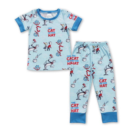 Short sleeves blue cat kids boy pajamas