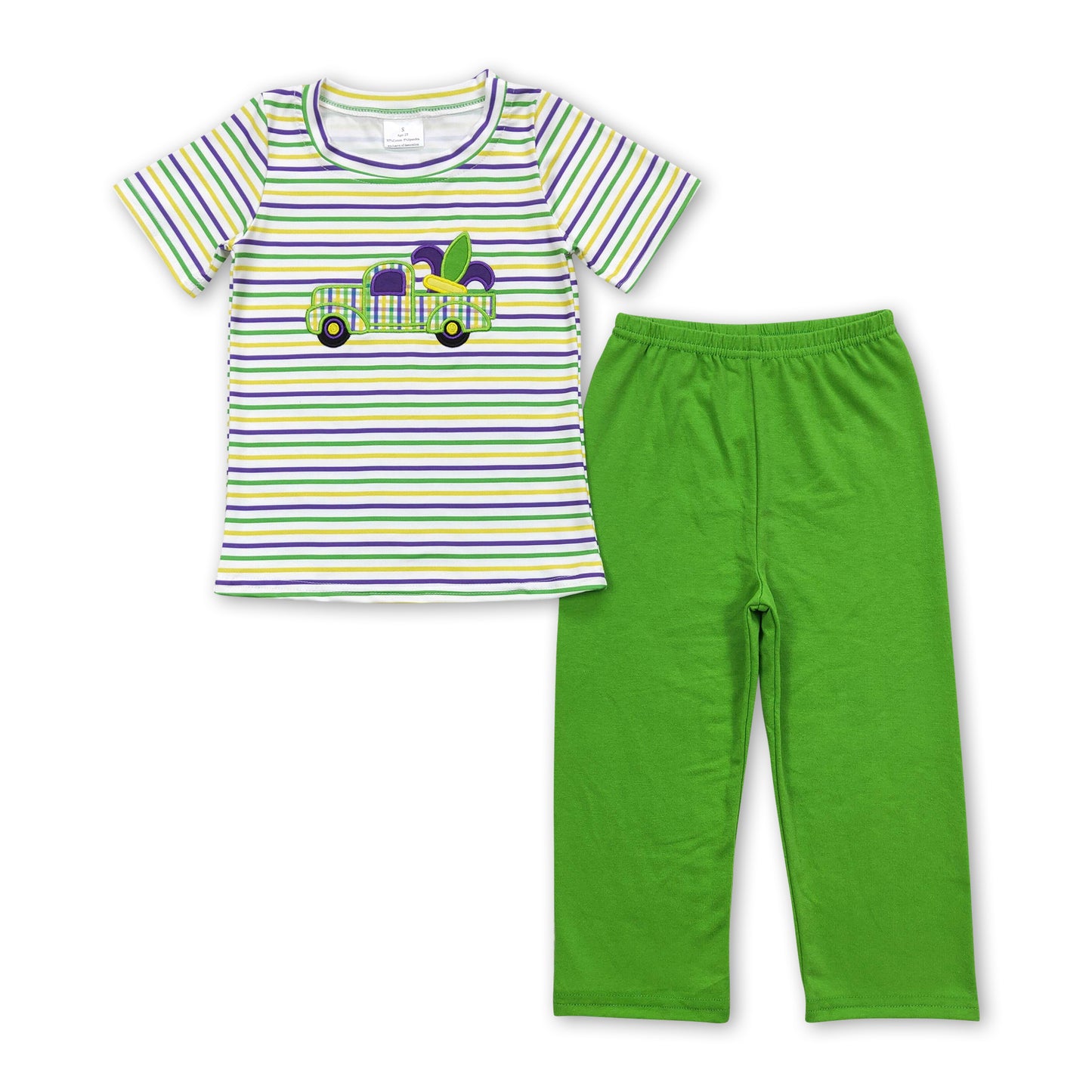 Stripe truck top green pants boy Mardi Gras outfits