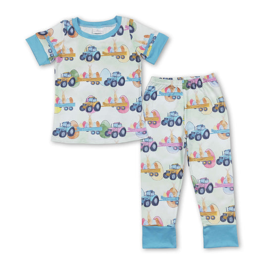 Short sleeves eggs bunny tractor boys easter pajamas