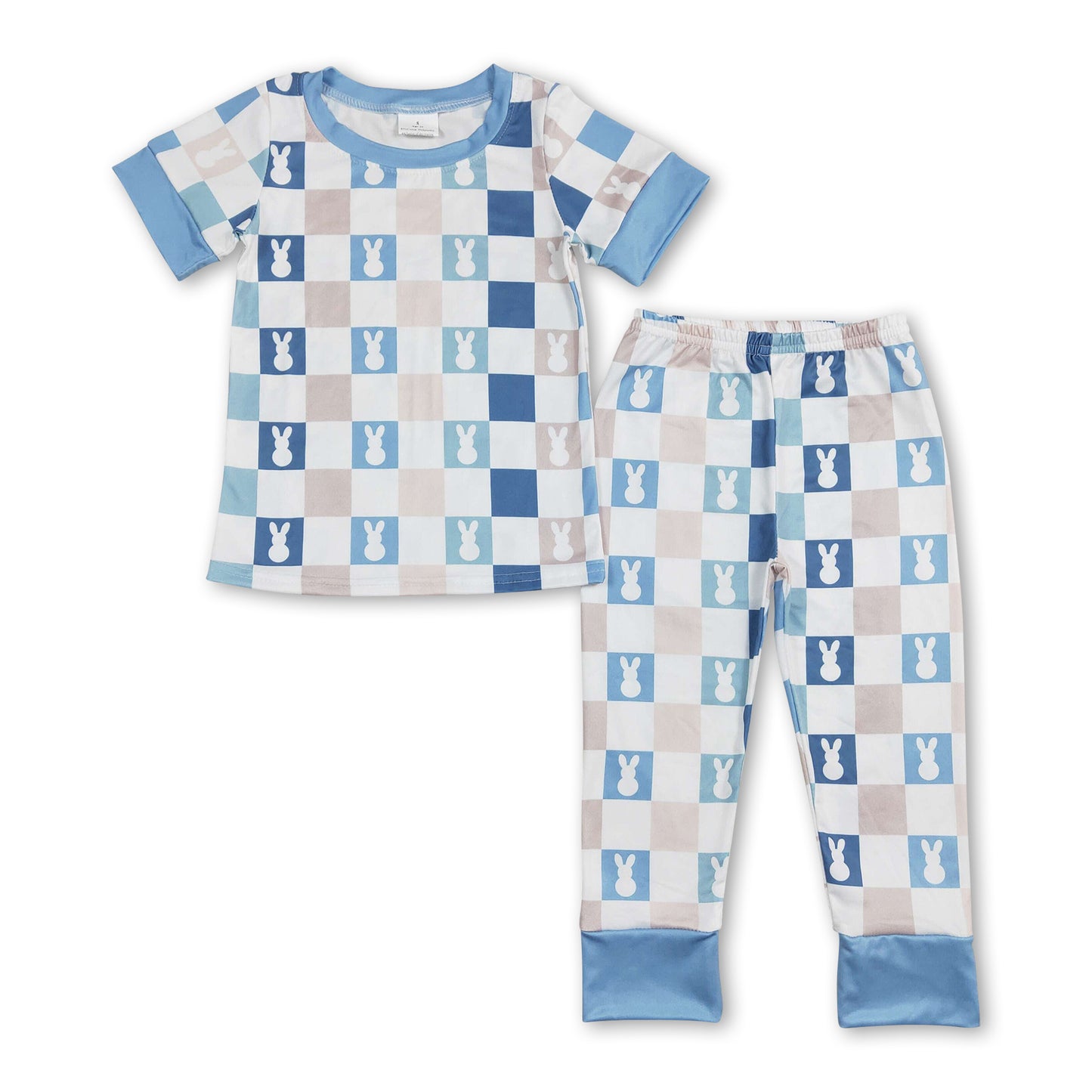 Short sleeves blue plaid bunny kids boys easter pajamas