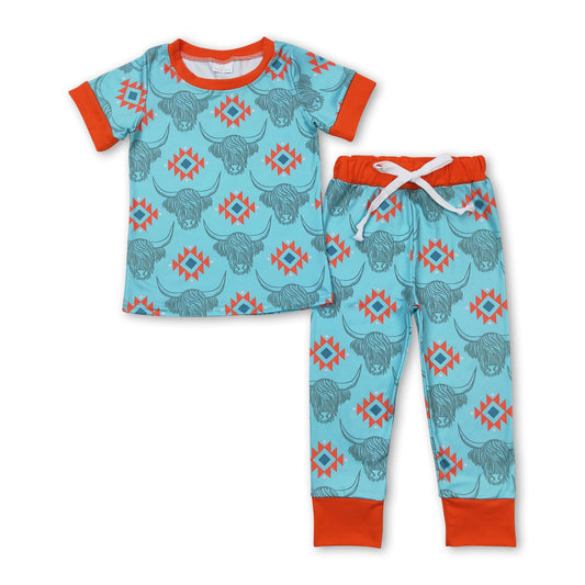 Short sleeves highland cow aztec top pants boys pajamas