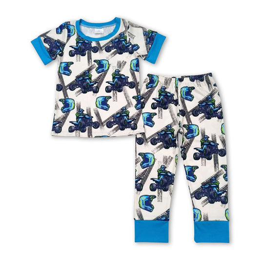 Blue short sleeves race kids boys pajamas