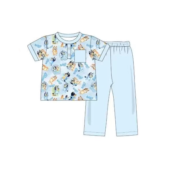 Short sleeves blue dog pocket top pants boys clothes