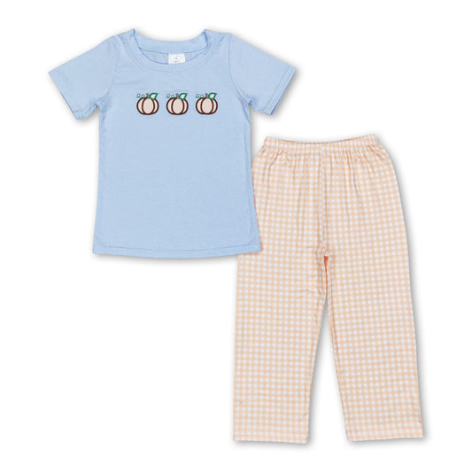 Light blue pumpkin top plaid pants boys fall clothes